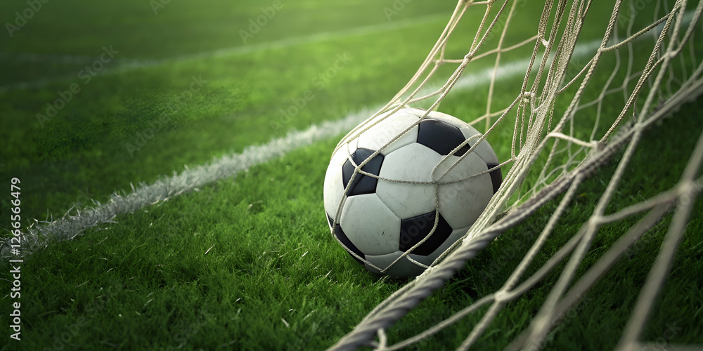 A Soccer Ball Inside A Goal Net On A Grassy Field For Sports Games. Images Of