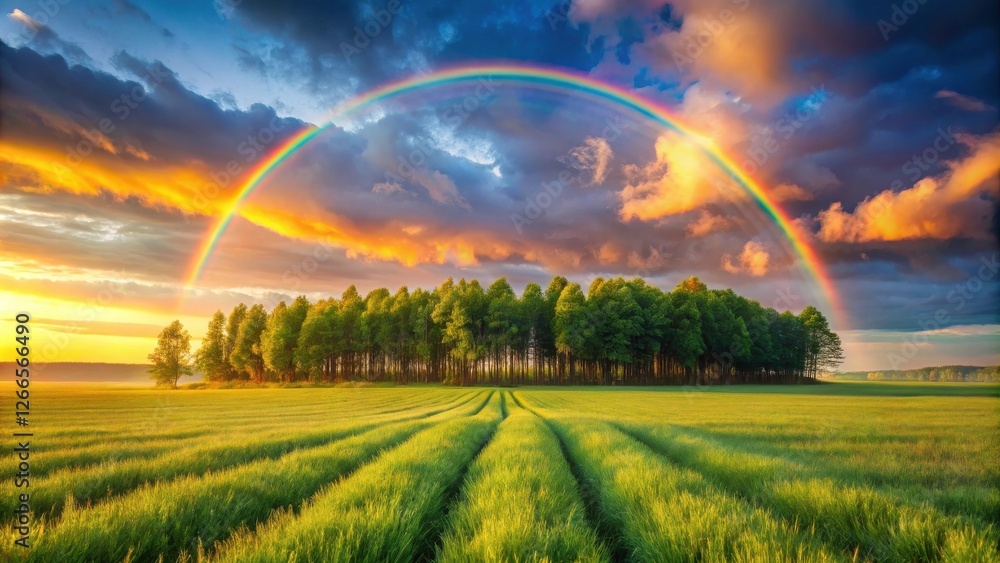 Naklejka premium Serene Sunset Landscape Featuring a Vibrant Rainbow Arcing Over Lush Green Field and a Line of Trees