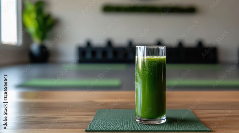 Fresh green juice in glass on wooden table Fresh green juice in glass on wooden table