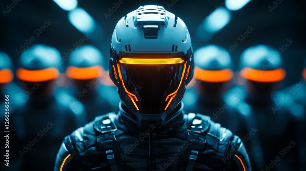 Cybernetic Squad: A futuristic soldier, clad in advanced cybernetic armor with glowing orange visor, stands at the forefront of a disciplined squad. Cybernetic Squad: A futuristic soldier, clad in advanced cybernetic armor with glowing orange visor, stands at the forefront of a disciplined squad.