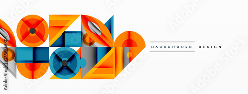 Geometric abstract composition with intersecting shapes, circles, triangles, and gradients, blending vibrant colors and dynamic contrasts to create a modern, futuristic visual design