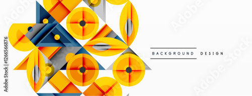Geometric abstract composition with intersecting shapes, circles, triangles, and gradients, blending vibrant colors and dynamic contrasts to create a modern, futuristic visual design