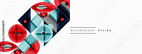 Geometric abstract composition with intersecting shapes, circles, triangles, and gradients, blending vibrant colors and dynamic contrasts to create a modern, futuristic visual design