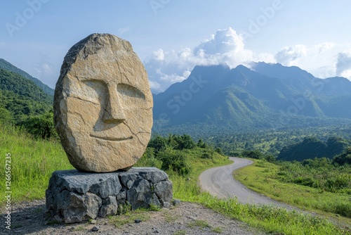 Large rock formations with faces carved into them natural stone features in a scenic outdoor environment photo