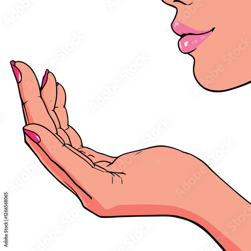 Woman showing open hand and blowing a kiss