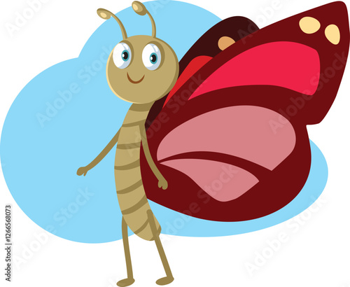 Funny Cute Butterfly Character Design Cartoon Mascot. Cheerful insect happy about springtime and nature

