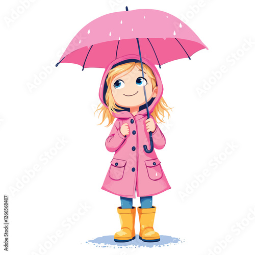 Smiling girl holding pink umbrella in the rain