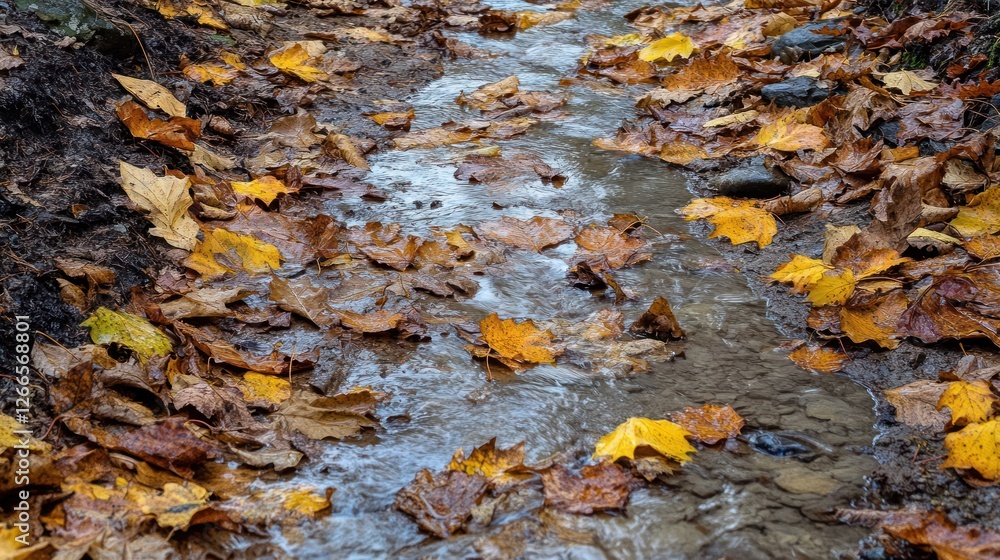 Autumn stream, fallen leaves, forest floor, nature background, website Autumn stream, fallen leaves, forest floor, nature background, website