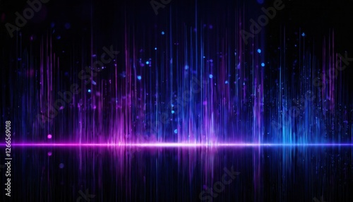 abstract soundwave spectrum with vibrant pink and blue neon glowing bars reflecting on dark background