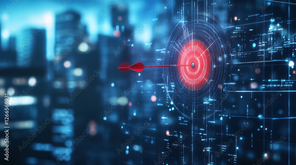 Fototapeta premium Target Concept with Red Arrow Hitting Center in Digital Cityscape