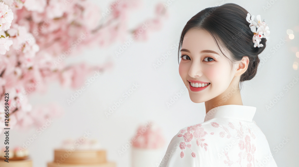 Chinese woman in a gown with embroidery smiling at evening celebration festive birthday valentine Chinese woman in a gown with embroidery smiling at evening celebration festive birthday valentine
