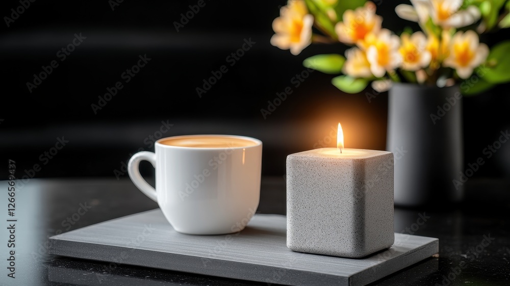 White cup and candle on black table minimalist still life composition elegant home decor relaxation ambiance White cup and candle on black table minimalist still life composition elegant home decor relaxation ambiance
