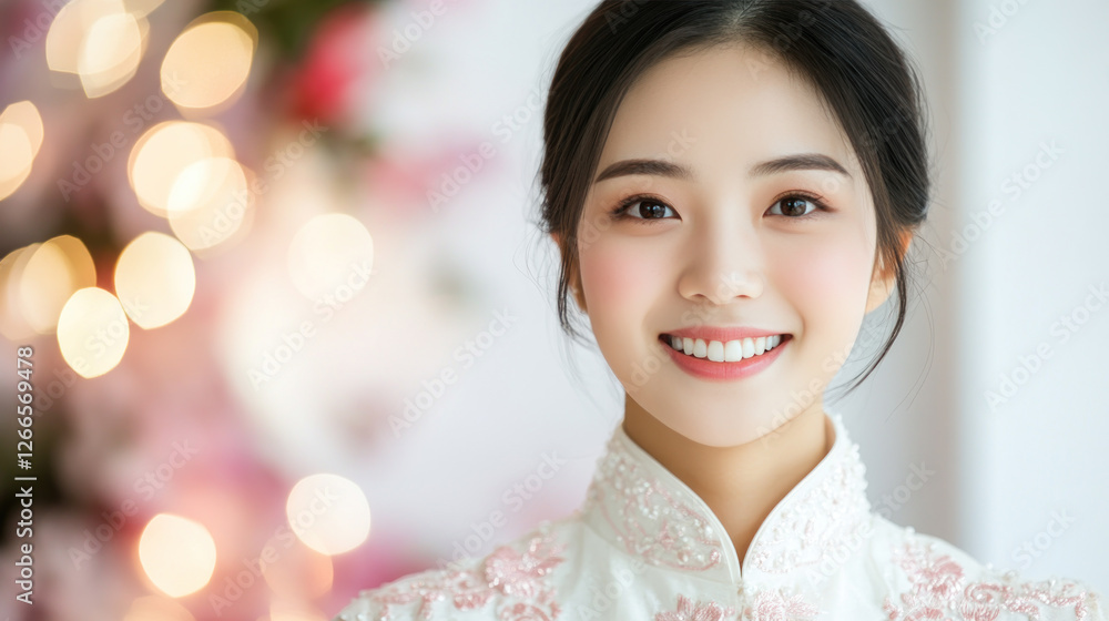Chinese woman in a gown with embroidery smiling at evening celebration festive birthday valentine Chinese woman in a gown with embroidery smiling at evening celebration festive birthday valentine