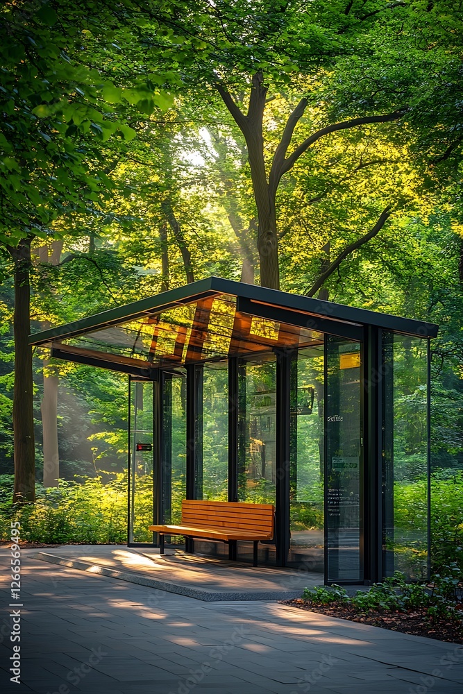 A modern, minimalist-style glass bus stop with a steel structure, transparent roof, and wooden bench inside the station, A modern, minimalist-style glass bus stop with a steel structure, transparent roof, and wooden bench inside the station,