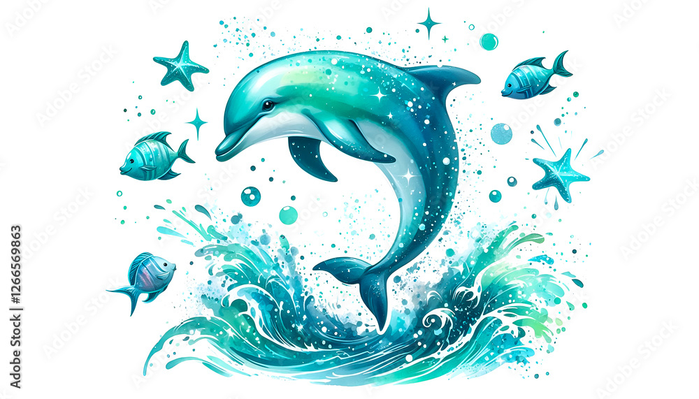 Fototapeta premium A playful dolphin jumping out of the water, surrounded by splashes, sparkles, and a few small fish. Watercolor clipart illustration isolated on a white background