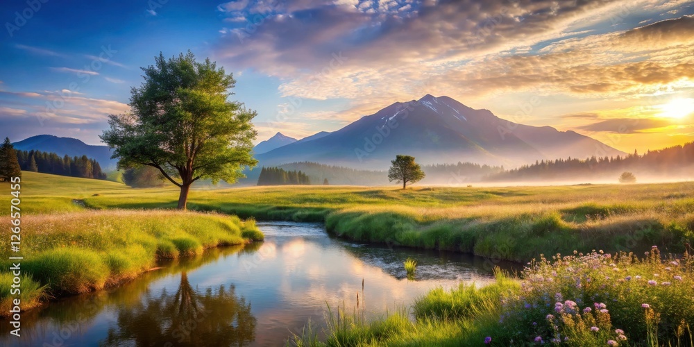 Serene Sunrise Over a Misty Meadow with a Gently Winding River and Majestic Mountains in the Distance Serene Sunrise Over a Misty Meadow with a Gently Winding River and Majestic Mountains in the Distance