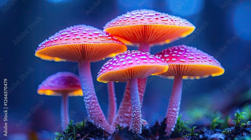 A vibrant cluster of colorful mushrooms in various shapes and sizes, A vibrant cluster of colorful mushrooms in various shapes and sizes,
