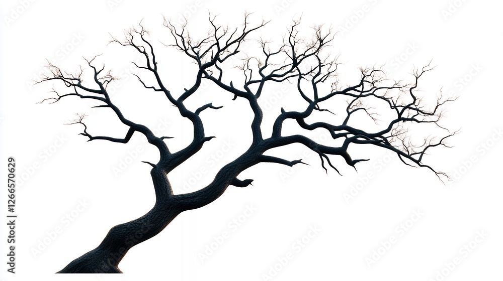 Dark Gnarled Tree Branch With Sparse Pink Blossoms Against White Background Dark Gnarled Tree Branch With Sparse Pink Blossoms Against White Background