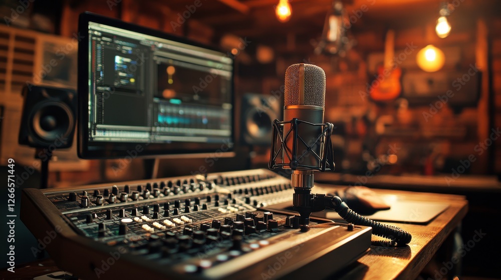 A cozy music studio setup featuring a microphone, audio mixer, and computer screen, illuminated by warm lights, perfect for recording and producing. A cozy music studio setup featuring a microphone, audio mixer, and computer screen, illuminated by warm lights, perfect for recording and producing.