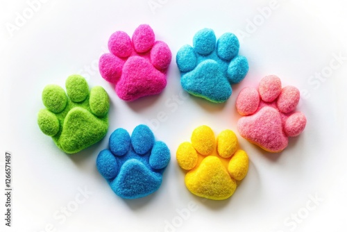 Adorable kitten paws in vibrant colors, a drone's-eye view against a pristine white backdrop. photo