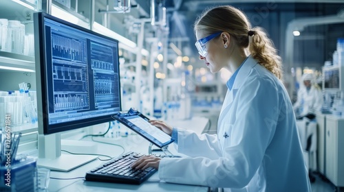 A scientist analyzing data on a computer in a pharmaceutical lab, photo