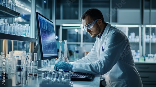 A scientist analyzing data on a computer in a pharmaceutical lab,