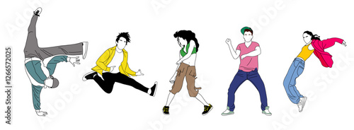 Dancers hip hop, breakdance outline vector drawing isolated on transparent background. Set of Young cool teenage girls and boys dancing street dance. Korean japanese asian cartoon thin line style.