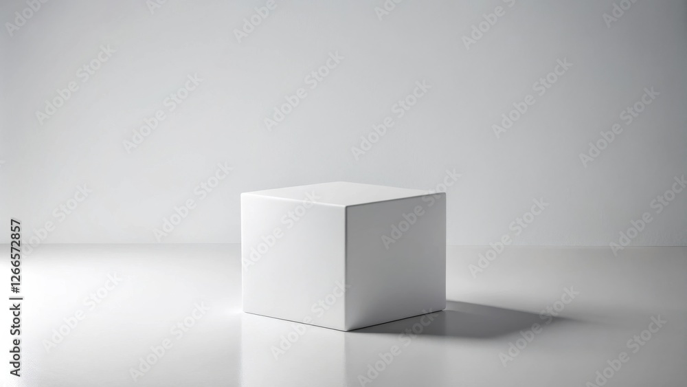 Simple white cube on a minimalist white surface against a plain white backdrop Simple white cube on a minimalist white surface against a plain white backdrop