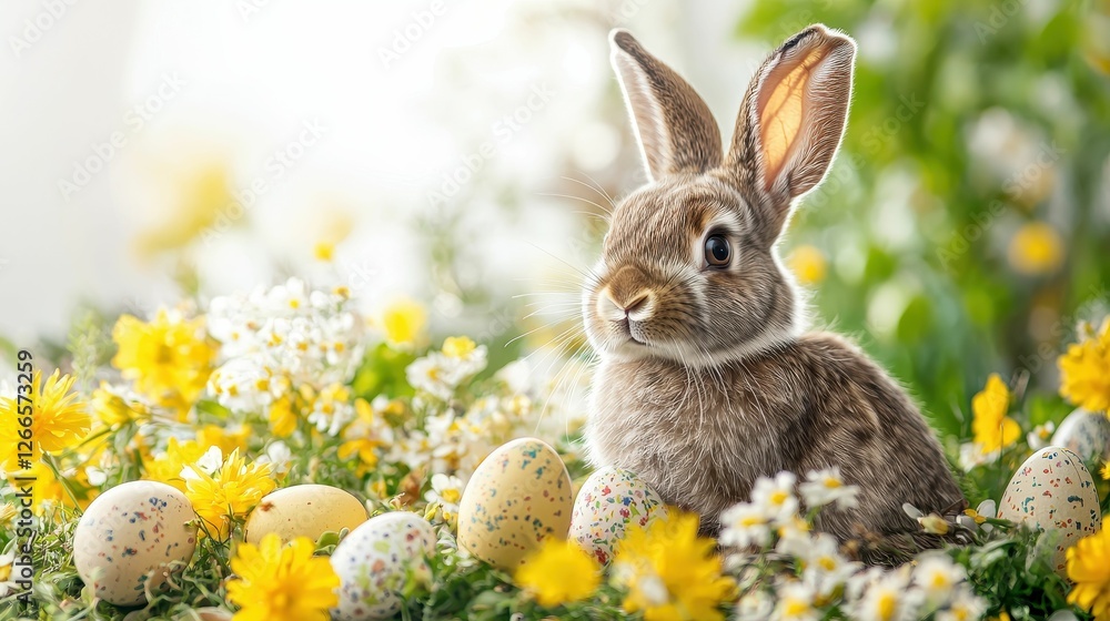 Fototapeta premium Easter Bunny Surrounded by Eggs and Flowers