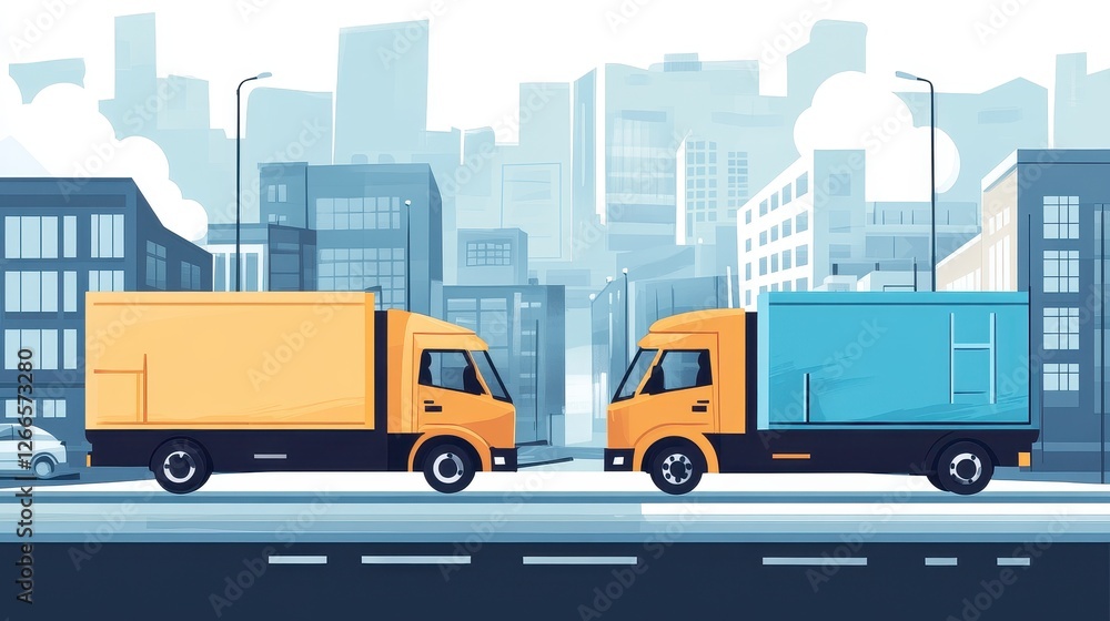 Logistics delivery flat design side view urban transportation theme cartoon drawing Split-complementary color scheme.. Logistics delivery flat design side view urban transportation theme cartoon drawing Split-complementary color scheme..