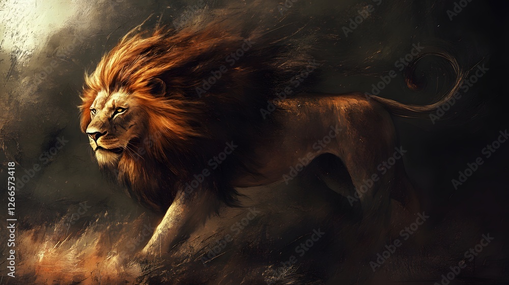 Naklejka premium A majestic lion with a flowing mane standing proudly