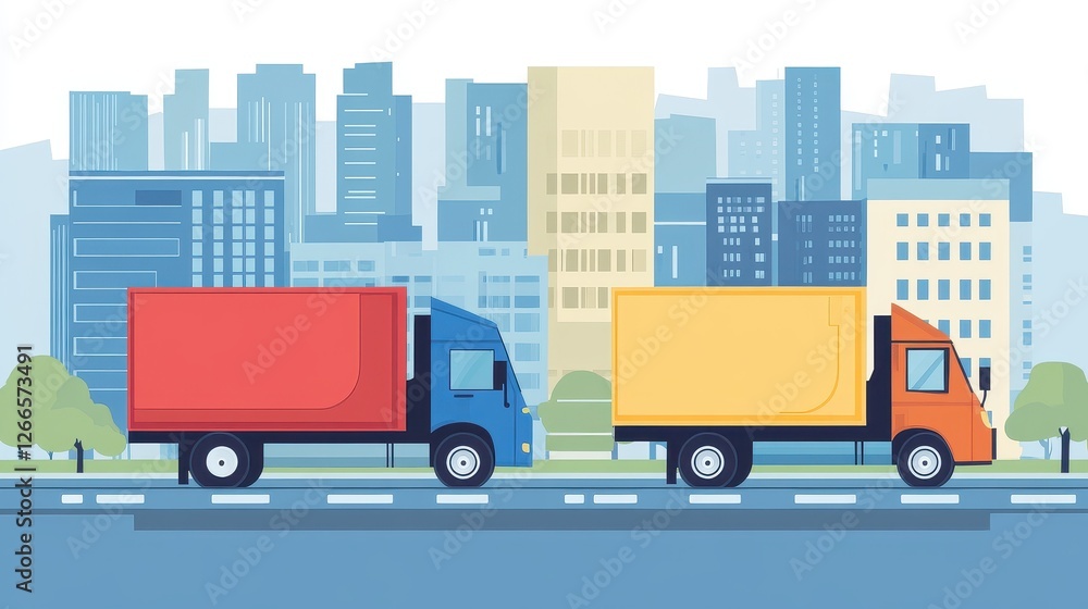 Logistics delivery flat design side view urban transportation theme cartoon drawing Split-complementary color scheme.. Logistics delivery flat design side view urban transportation theme cartoon drawing Split-complementary color scheme..
