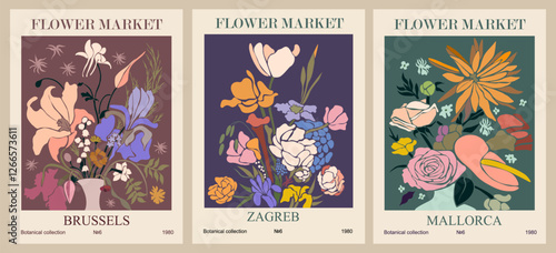 Set of abstract flower market posters. Trendy botanical wall arts with floral design in danish pastel colors. Modern naive groovy funky interior decorations, paintings. Vector art illustration