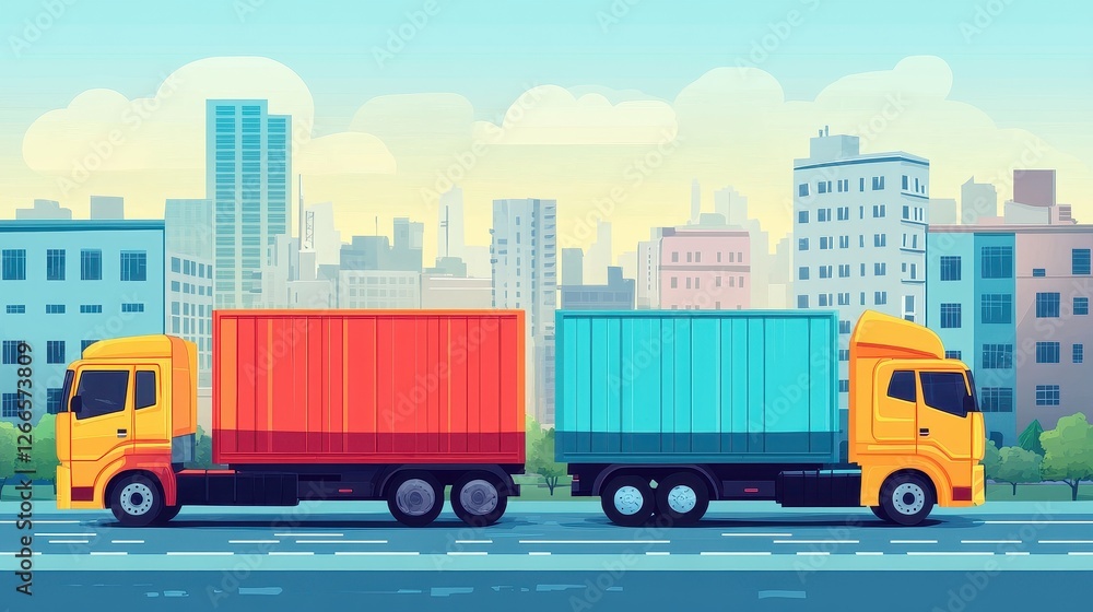 Naklejka premium Logistics delivery flat design side view urban transportation theme cartoon drawing Split-complementary color scheme.. 
