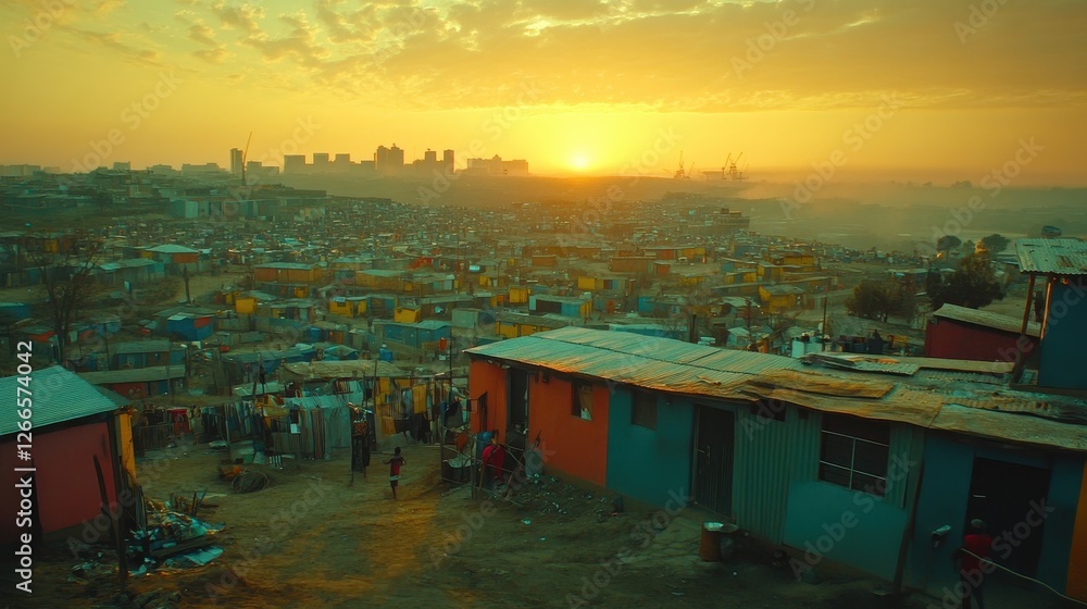 Fototapeta premium Vibrant Sunset Over Urban Landscape in a Developing Community
