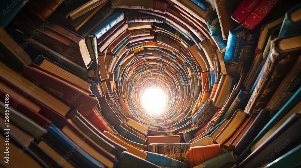 Fototapeta premium Books arranged in a spiral leading up to a bright light, symbolizing the journey of education, success in learning.