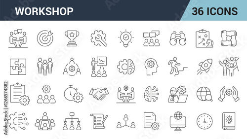 Workshop Line Editable Icons Set. teamwork,  building, team, coaching, meeting, collaboration, education, conference, training, and more. vector illustration.