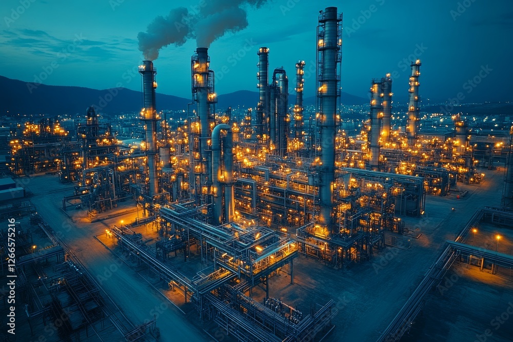 Fototapeta premium A sprawling oil refinery glows under the night sky. Generative AI