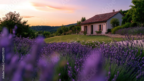 charming cottage surrounded by lavender fields at sunset photo