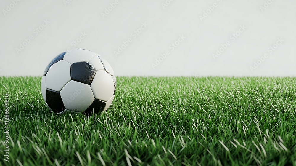 Fototapeta premium Soccer ball on green grass with copy space