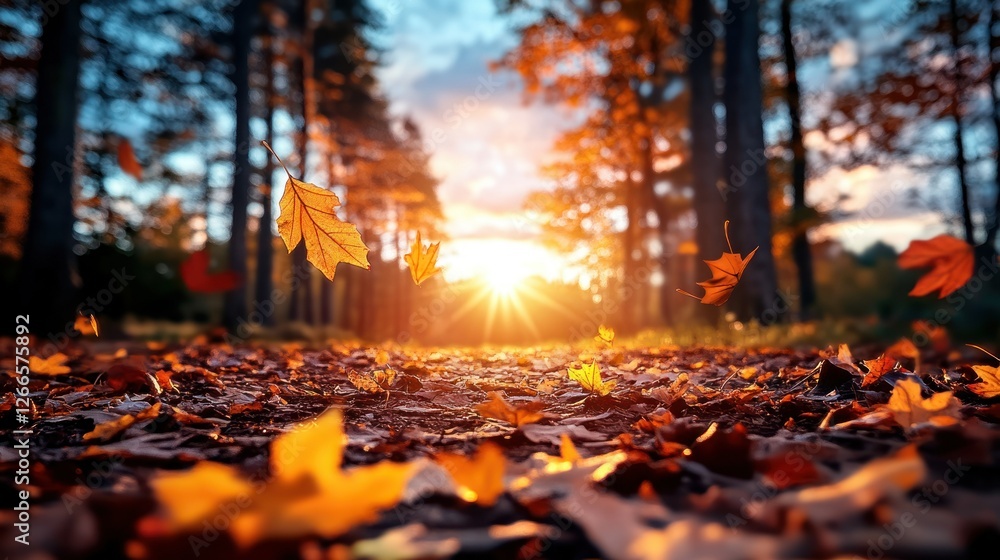 Autumn leaves falling on forest path at sunset Autumn leaves falling on forest path at sunset