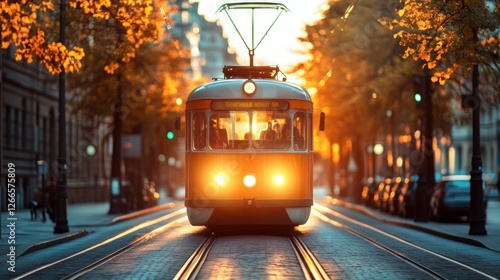 Autumnal tram in city street at sunrise photo