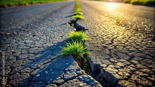 Resilience of Nature Green shoots emerge from cracks in a sun-drenched asphalt road, symbolizing perseverance and the power of life.