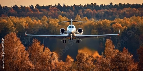 A stunning view of a white jet taking flight amidst lush greenery.