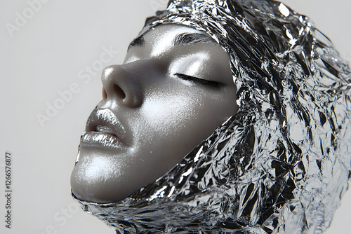 Wallpaper Mural Photograph of a fashion model in a liquid chrome style, with a silver foil-wrapped head and shoulders, set against a white background. Torontodigital.ca