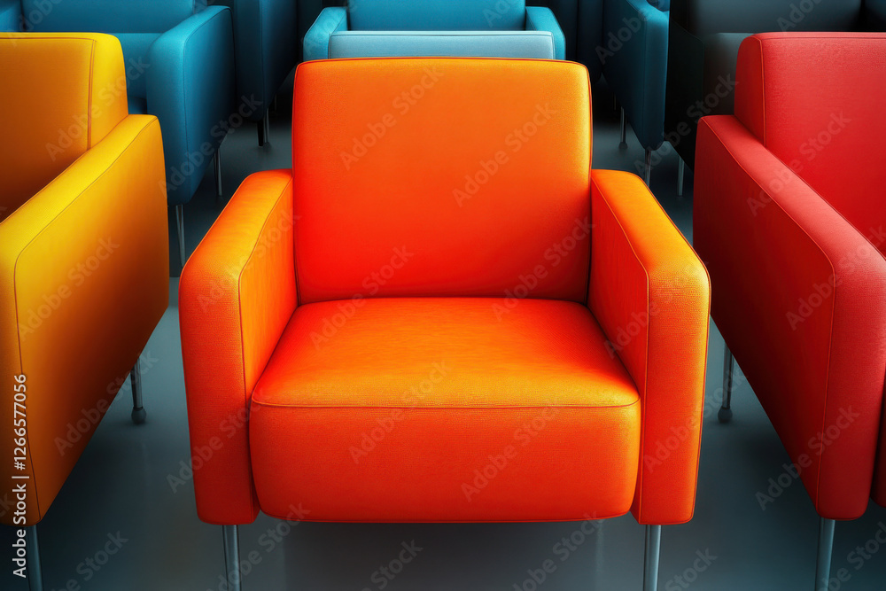Obraz premium A single brightly colored chair in a room of identical seats, showcasing the concept of differentiation and personal flair