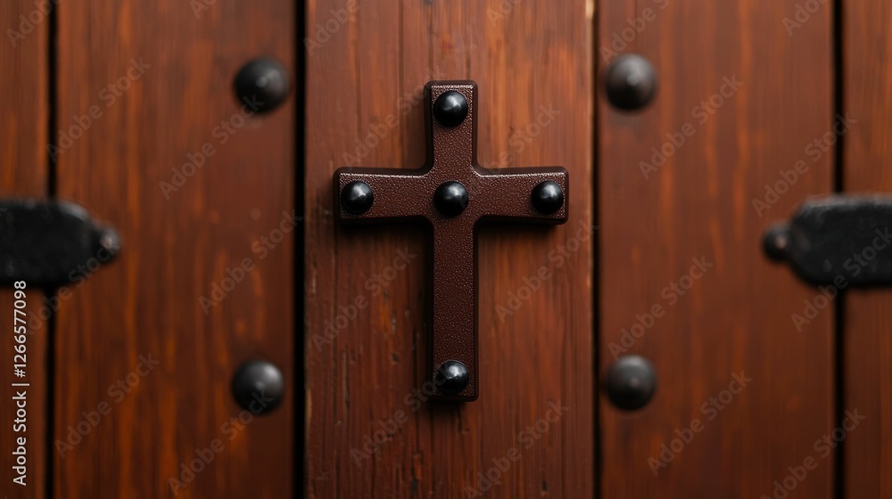 Fototapeta premium Wooden Door with Christian Cross Decoration Detail