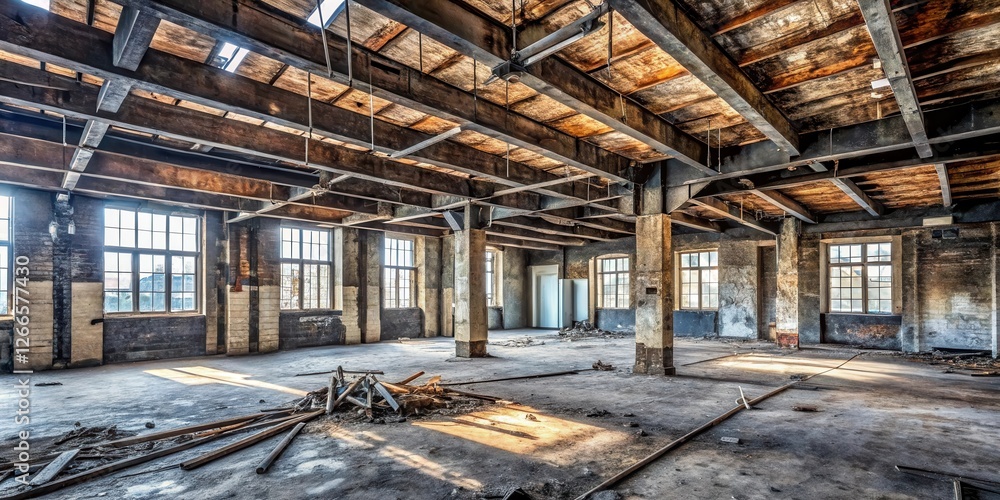 Sunlit Derelict Industrial Space Decaying Beauty of a Forgotten Factory Interior Sunlit Derelict Industrial Space Decaying Beauty of a Forgotten Factory Interior