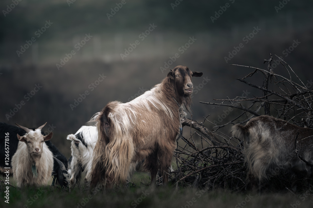 Fototapeta premium Goats on a walk protecting male