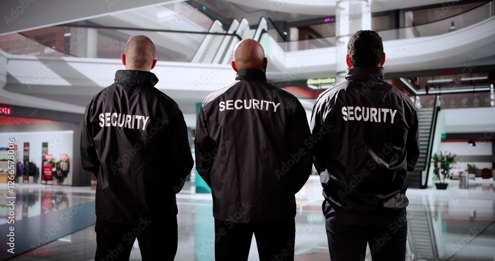 Security Officers Standing In Mall, Guarding Shops, Securing Events